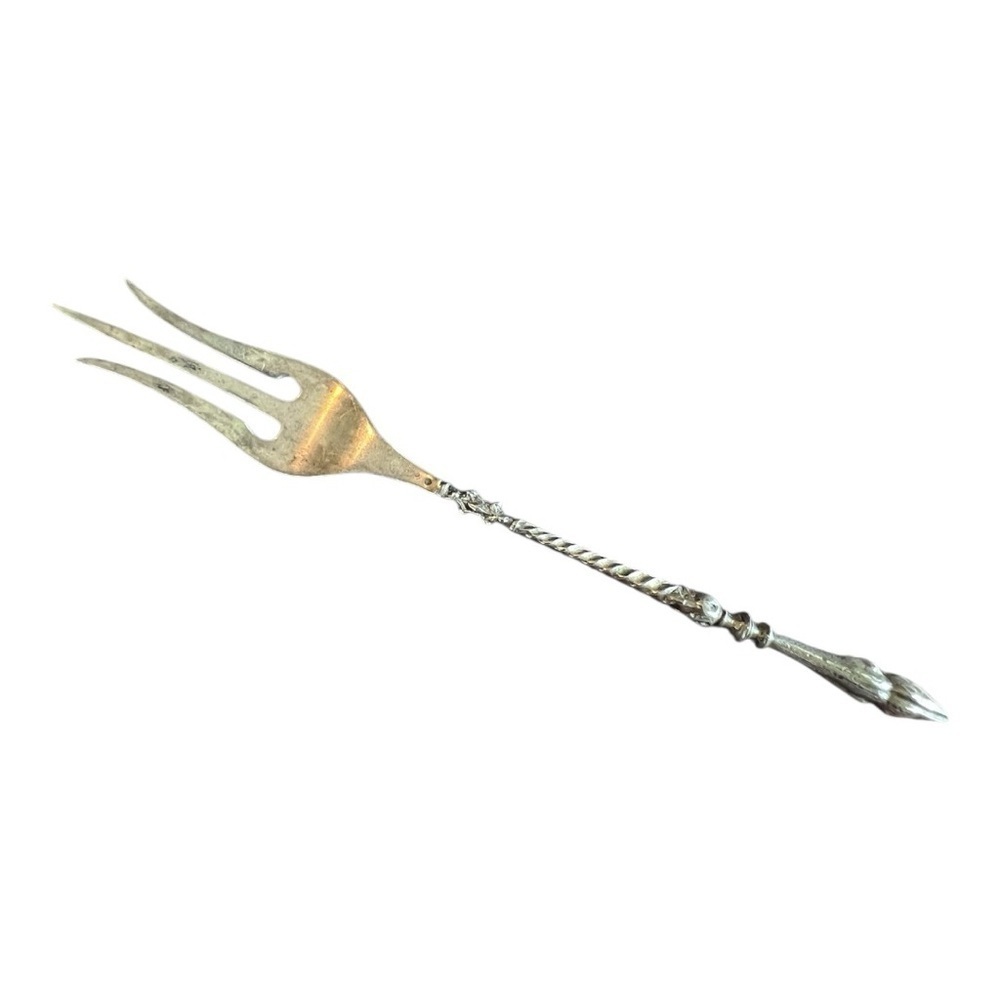 Antique 900 Silver Ornate Serving Fork – Twisted Handle, 7” Long
